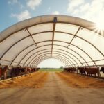 Modern fabric hoop building housing cattle with open ventilation and natural light on a sunny farm.