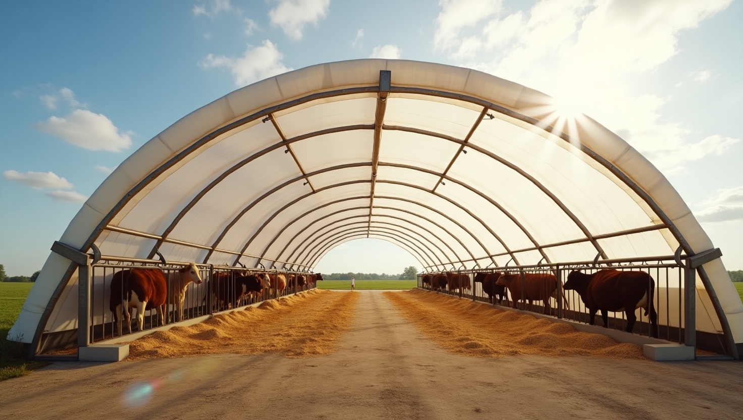 Modern fabric hoop building housing cattle with open ventilation and natural light on a sunny farm.